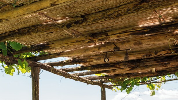 Ulkona sijaitseva ruokailualue, jossa on pöytä, tuoleja ja pergola.