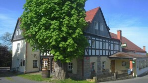 A traditional half-timbered building with a large tree in front, a visible entrance, and a sign indicating a restaurant and hotel. - U Zeleného stromu (Janov)