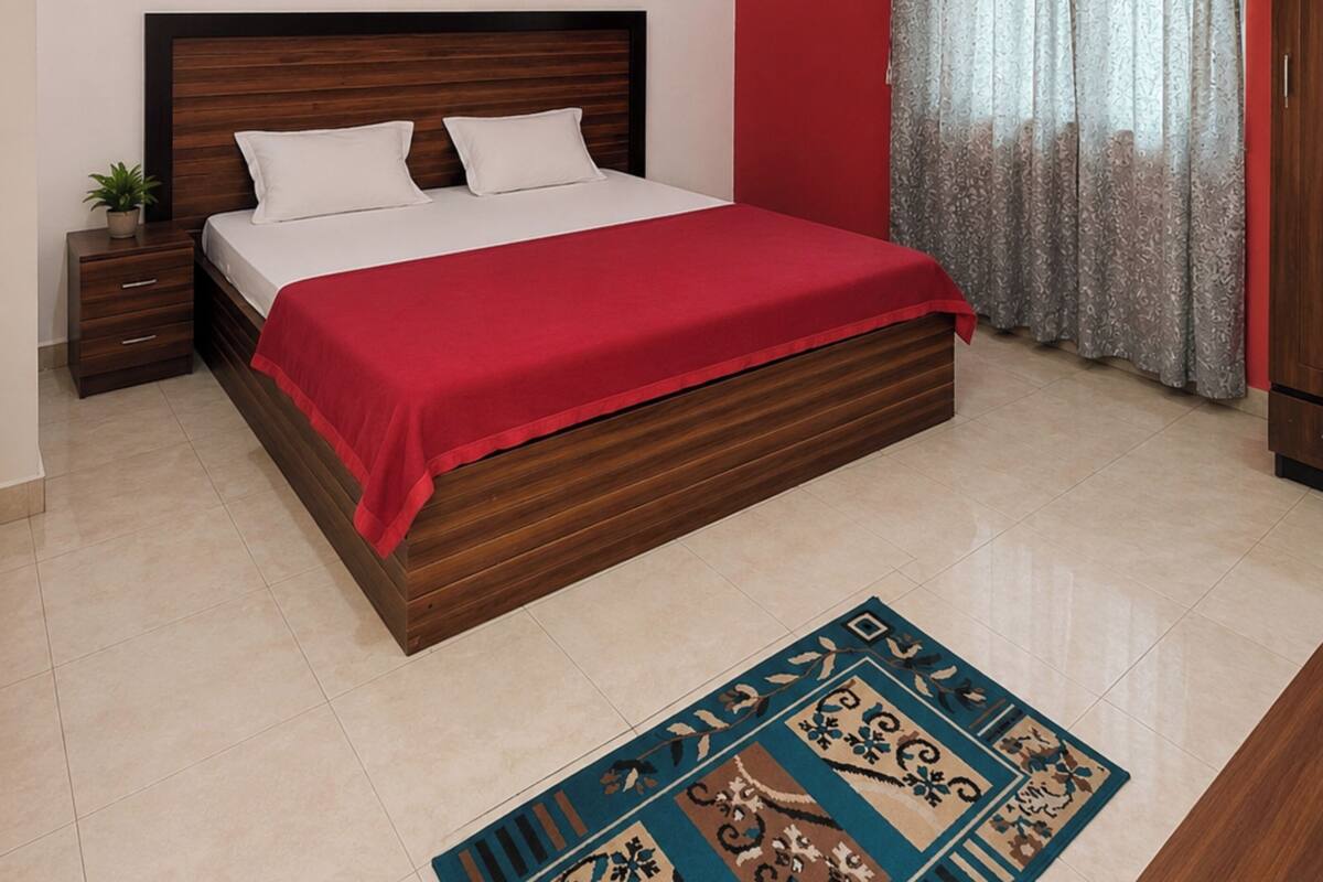 A bedroom with a wooden bed, a red bedspread, a ceiling fan, an air conditioner, a patterned rug, and a nightstand with a plant.