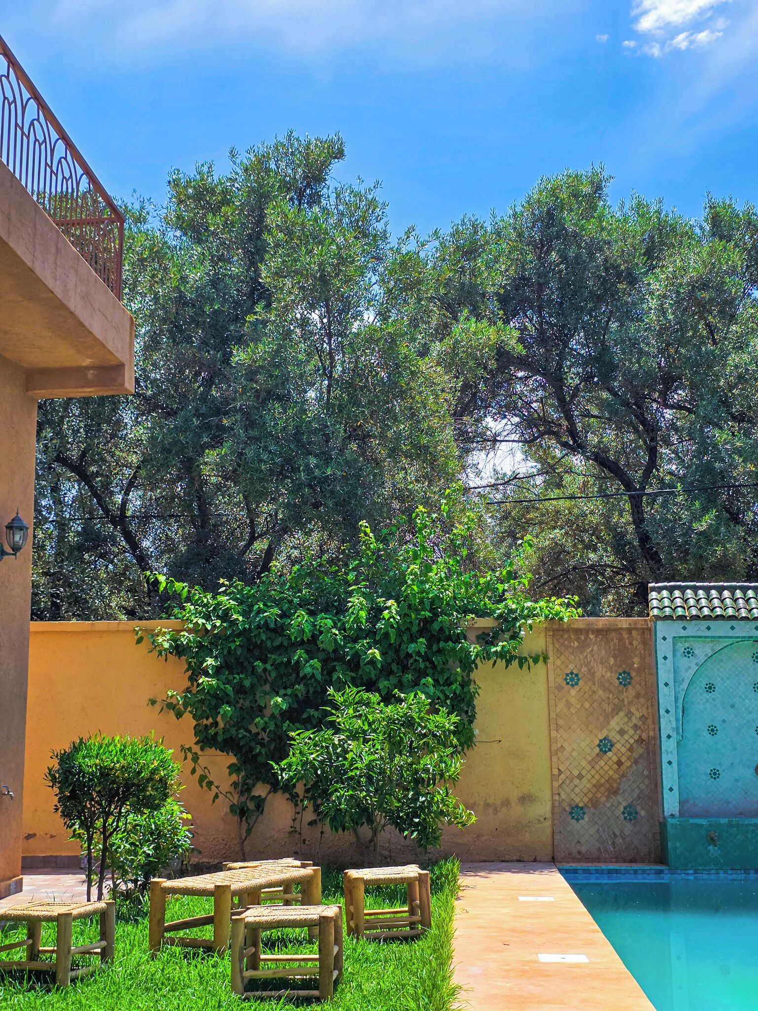 Un espace piscine avec une terrasse carrelée, un petit jardin avec de la pelouse et quelques arbres, et un bâtiment avec un mur jaune et une porte bleue.