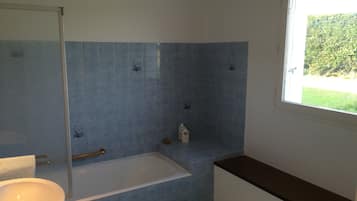 Hair dryer, towels, soap, toilet paper