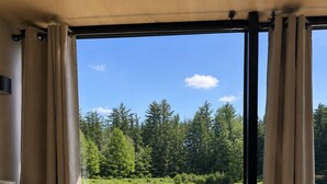 A room with a table and two chairs facing a lake, a microwave, and a cabinet.