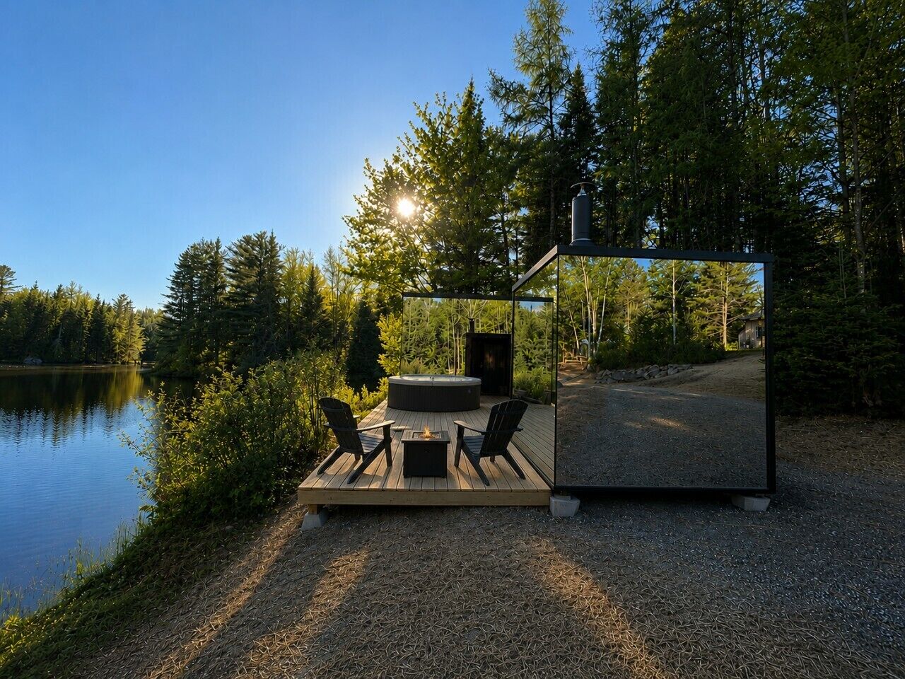 A deck with a fire pit, chairs, and a built-in seating area overlooking a lake.. Blue Spruce Mirror House at FarAway Pond