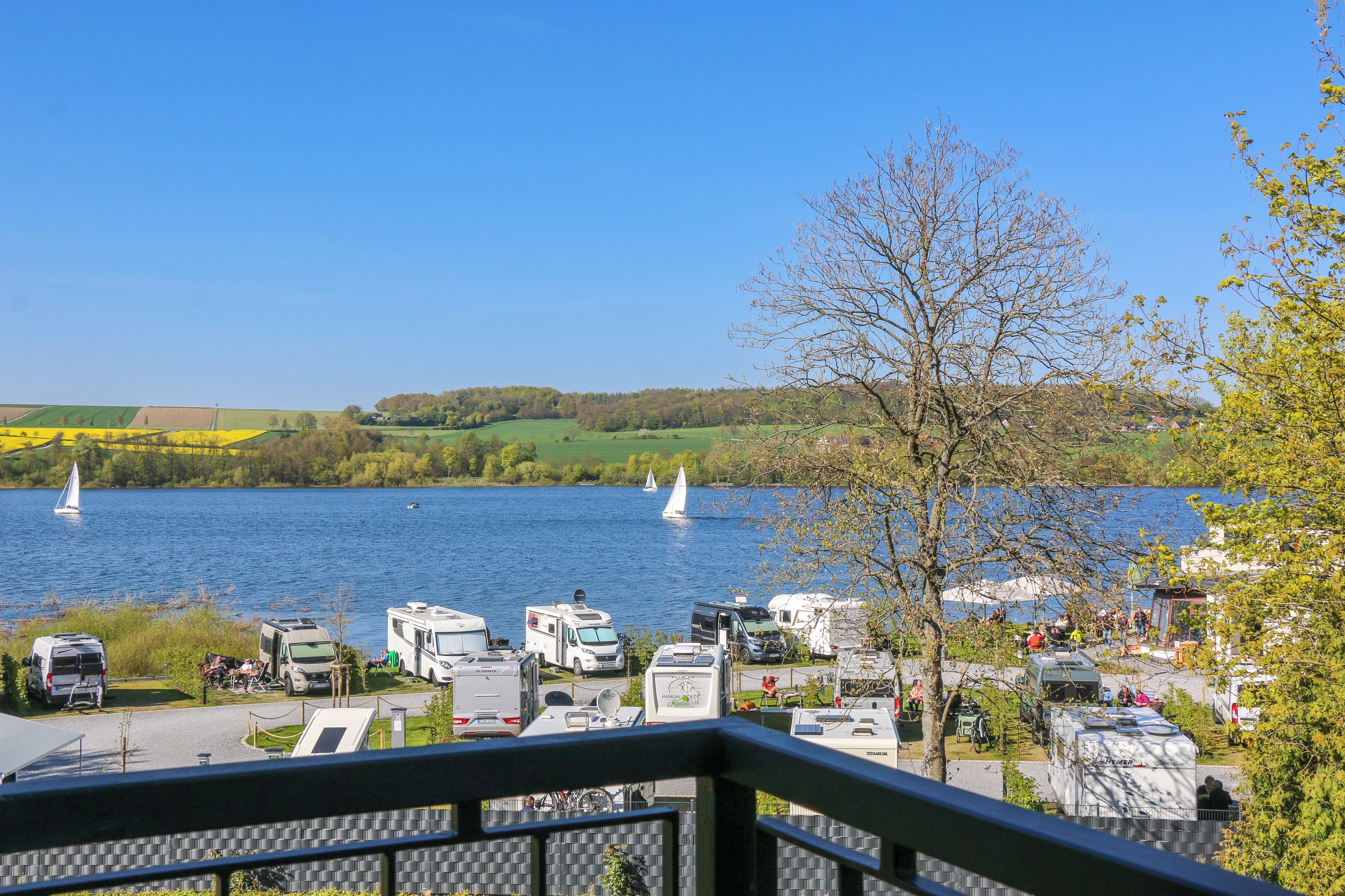 A lakeside RV park with multiple RVs parked by the water, a clear sky, and sailboats on the lake.