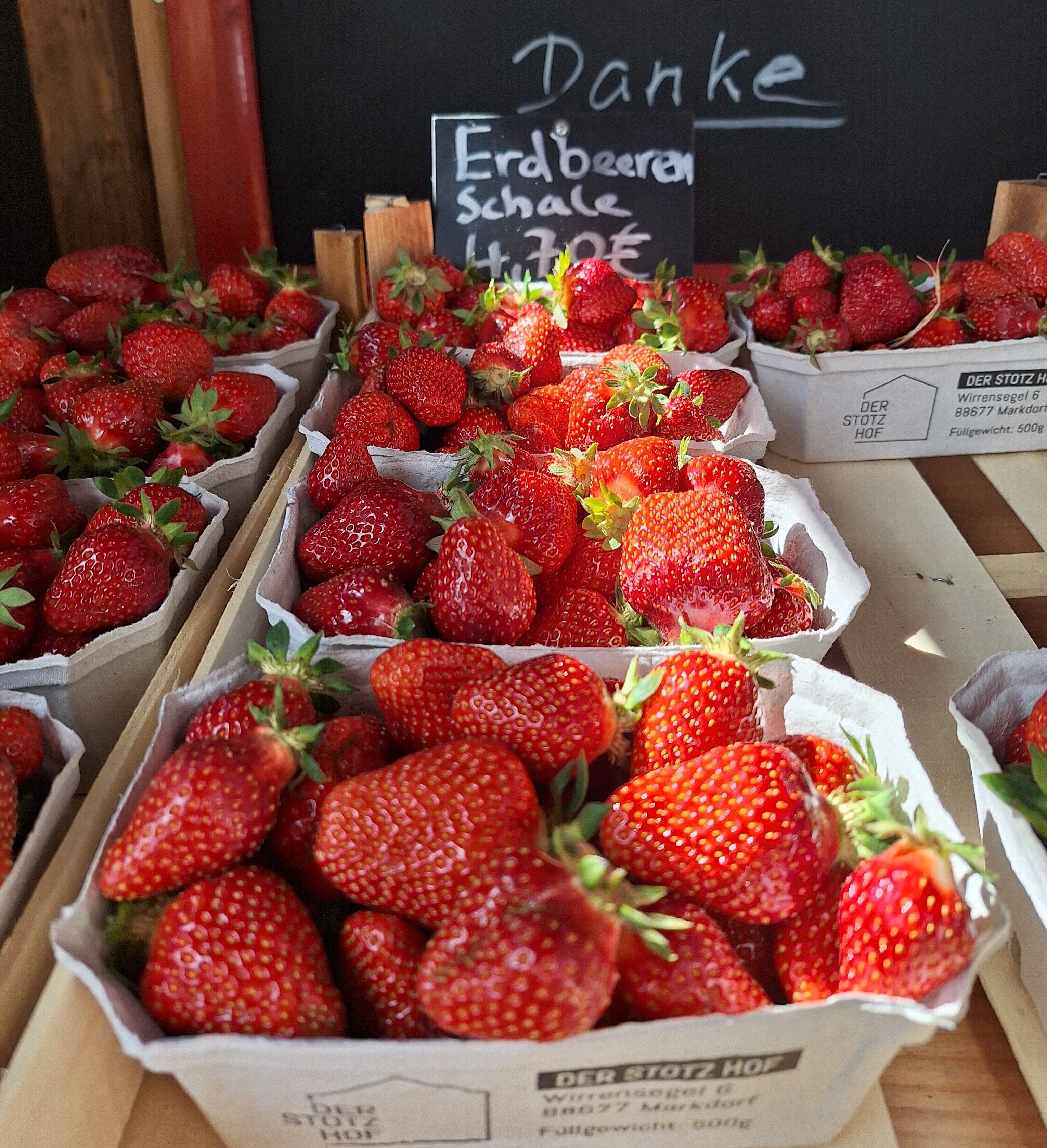 Aardbeien in kartonnen dozen, met een schoolbord in de achtergrond.