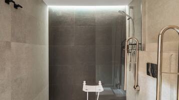 Shower, eco-friendly toiletries, hair dryer, towels