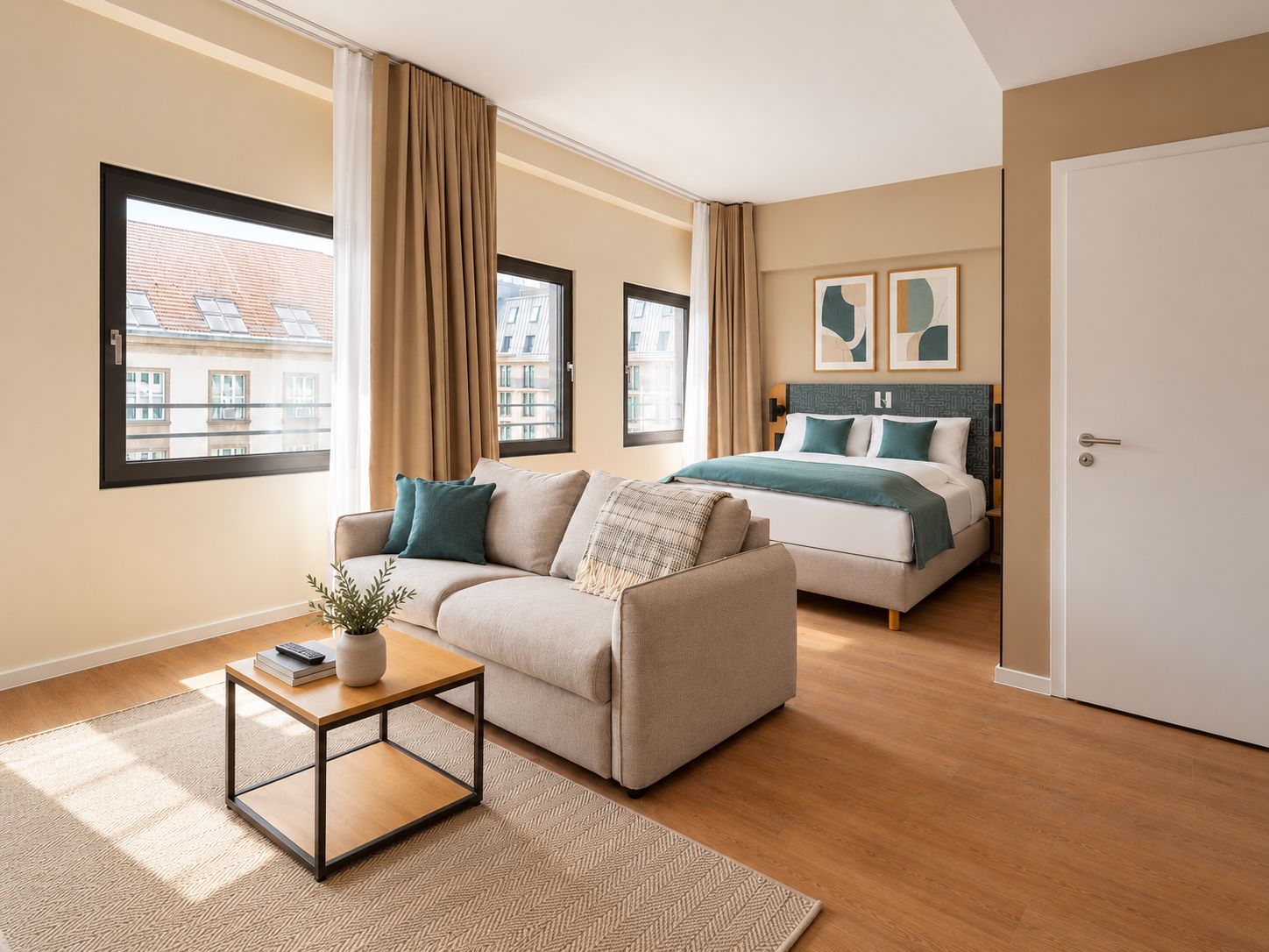 Quarto moderno com cama, sofá, mesa de centro e vista para edifícios pela janela.