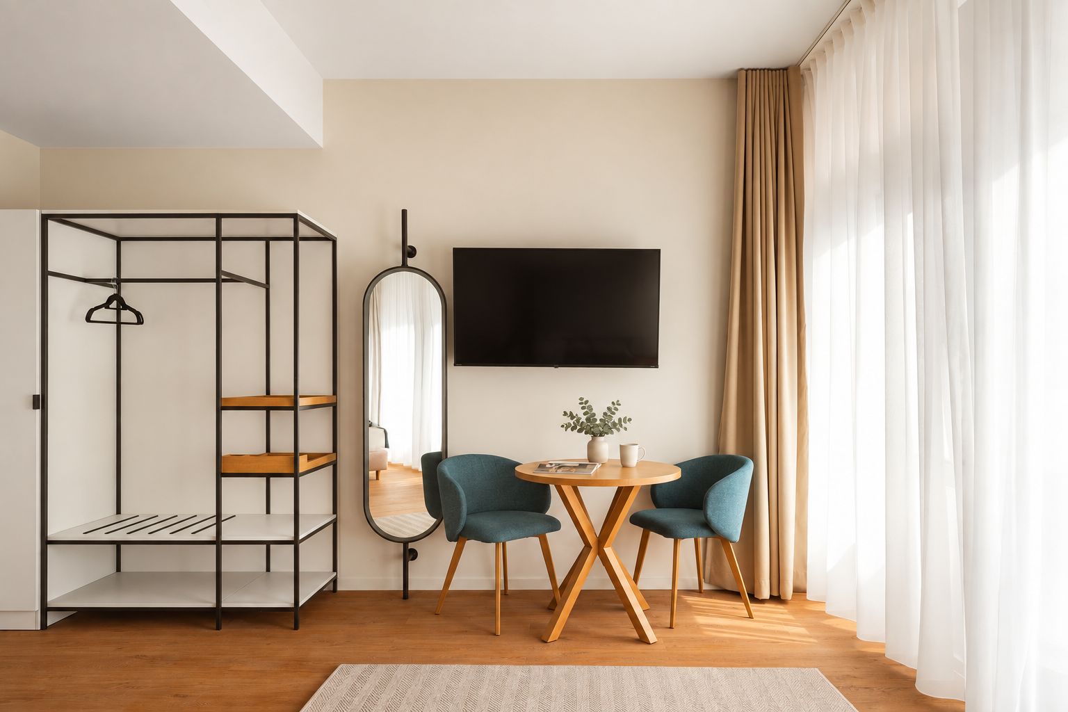 Una habitación moderna con cama, televisor, espejo y zona de comedor con sillas y mesa.