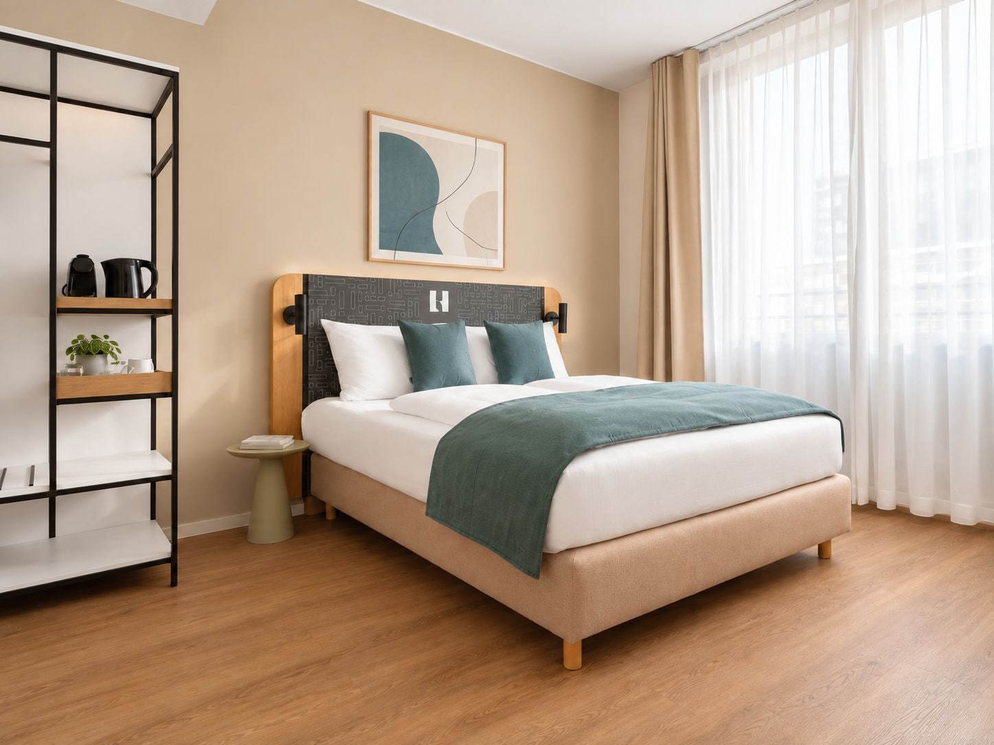 A modern bedroom with a bed, a side table, a bookshelf, and a large window with curtains.