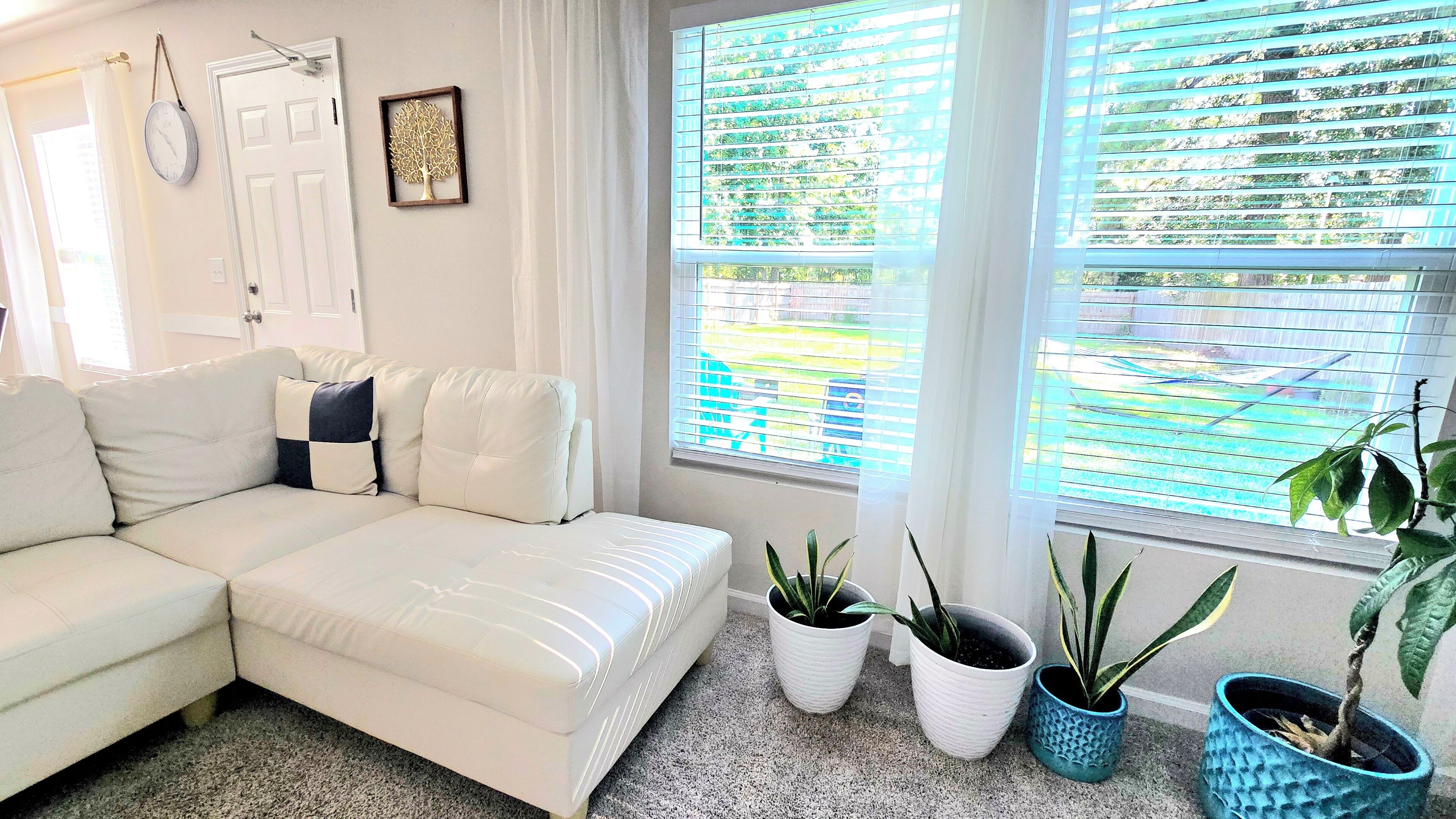 Smart TV, fireplace, books, printers