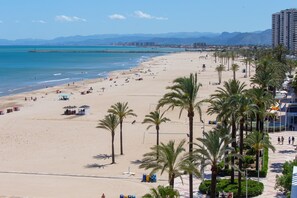 Ein Strand mit Palmen, sandigem Ufer und einer entfernten Stadtlandschaft.