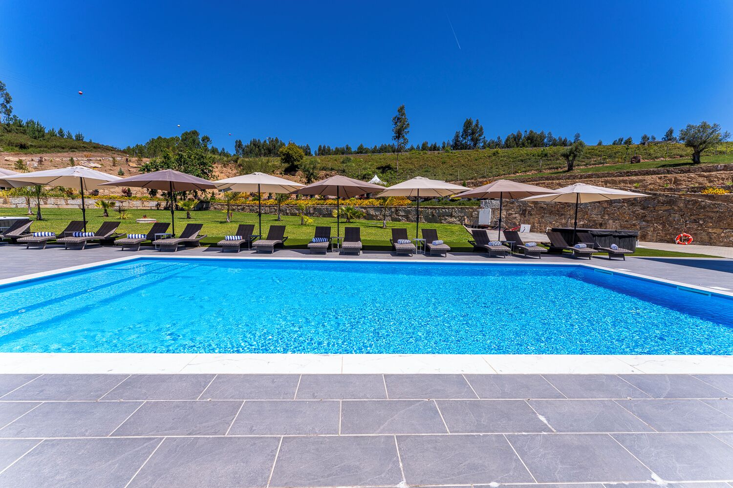 A swimming pool with lounge chairs and umbrellas, surrounded by a landscaped area with trees and a view of the hillside.