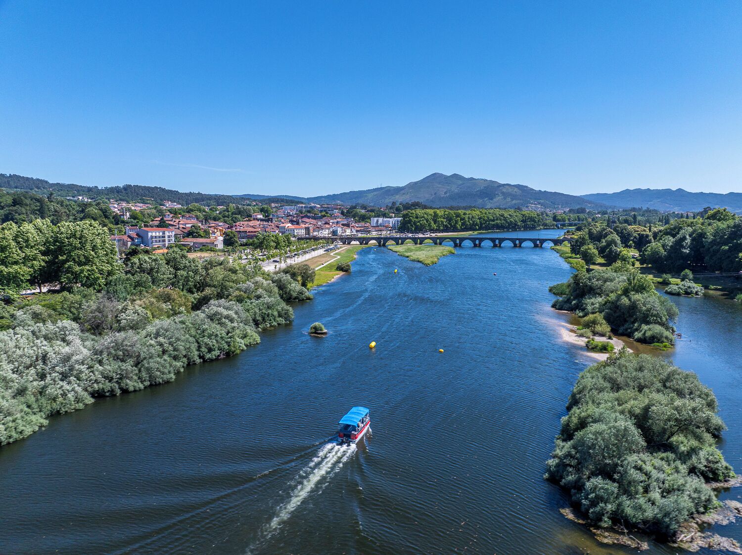 A river with a bridge, boats, and a town with buildings and greenery.