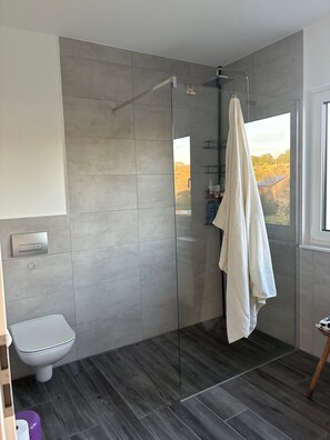 Douche, séchoir à cheveux, serviettes fournies