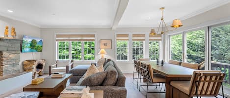 Smart TV, chimenea y libros