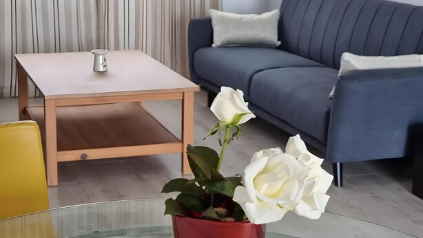 En moderne stue med sofa, sofabord og en vase med hvide blomster.