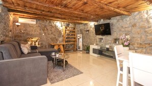 A stone-walled living room with a wooden ceiling, a sofa, a coffee table, a TV, and a fireplace. - Holiday Home Stari Dom Ivkošic by Villas Guide (Zmijavci)