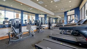 Un gimnasio con diverso equipo de ejercicio, incluyendo cintas de correr y máquinas de pesas, y amplias ventanas que ofrecen vistas a palmeras.