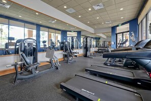 Een fitnessruimte met diverse trainingsapparaten, waaronder loopbanden en krachtapparaten, en grote ramen met uitzicht op palmbomen.