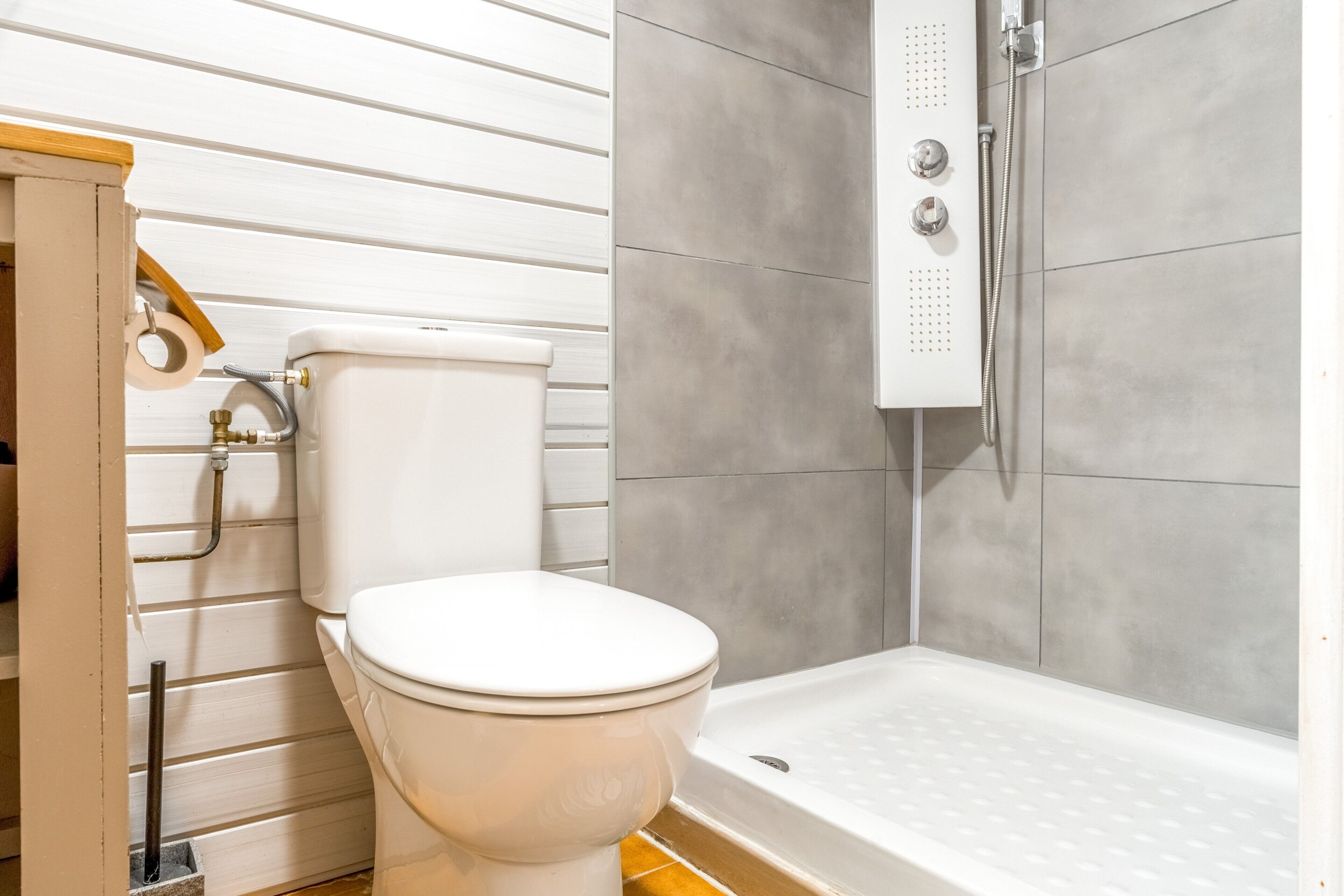 A bathroom with a toilet, shower, and a wooden cabinet.