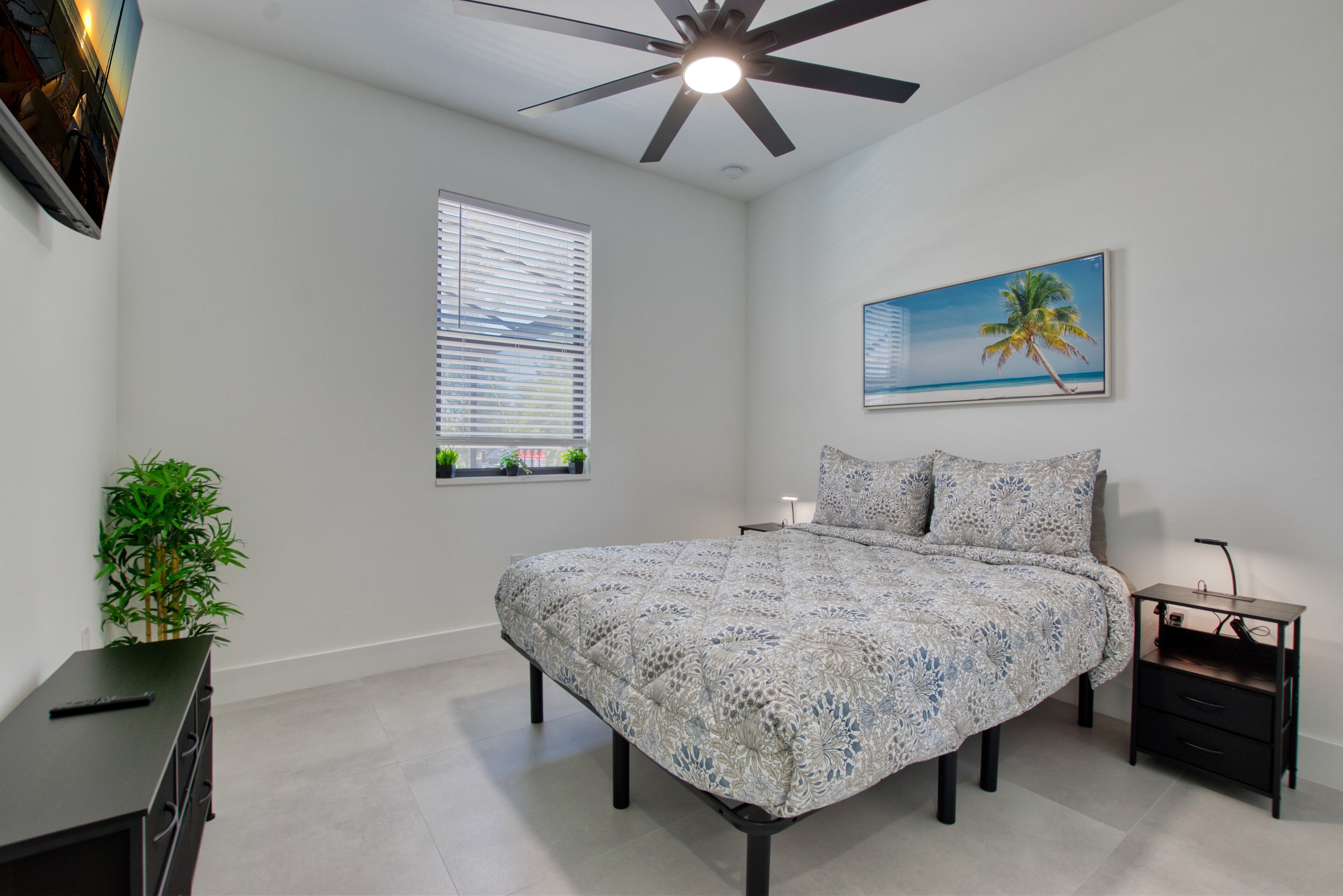 A bedroom with a bed, a ceiling fan, a window with blinds, a nightstand, a lamp, a painting, and a plant.