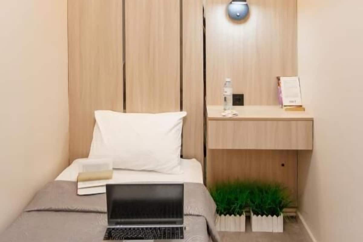 A modern bedroom with a bed, a laptop, a bedside table with a water bottle, and a small plant.