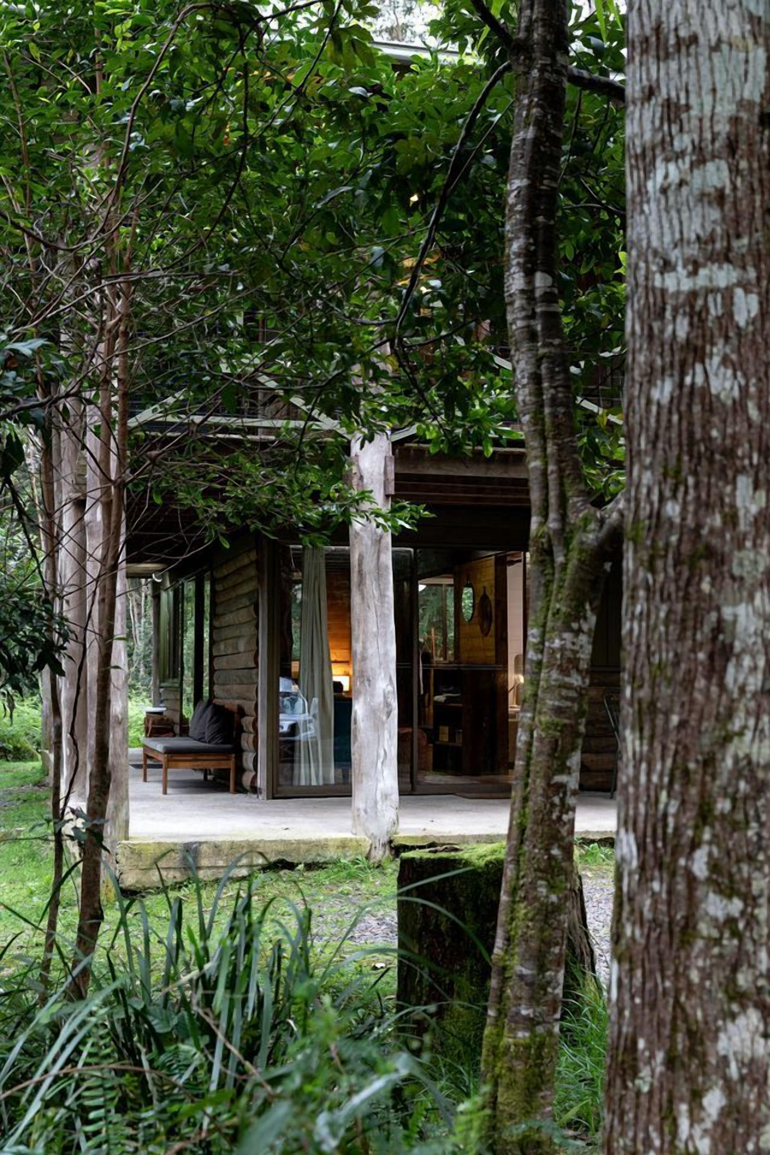 A wooden cabin with a porch, surrounded by trees and greenery.