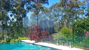 Una piscina con agua cristalina azul, rodeada de abundante vegetación y árboles.
