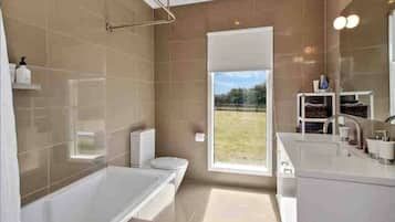 Hair dryer, towels, soap, shampoo