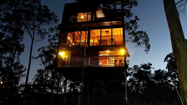 A multi-story tower with balconies, surrounded by trees.