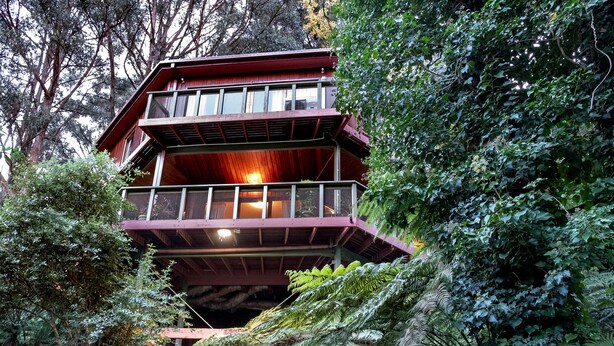 A multi-level wooden structure surrounded by dense foliage. - Gorgeous Octagonal Tree House Rental for a Unique Dandenong Ranges Accommodation near Melbourne (Kalorama)