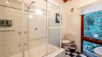 Hair dryer, towels, soap, shampoo