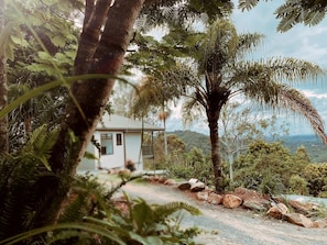 Uma casa rodeada por paisagens naturais, com árvores e vista para a paisagem.
