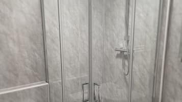 A modern bathroom with a glass-enclosed shower, a toilet, and a sink.