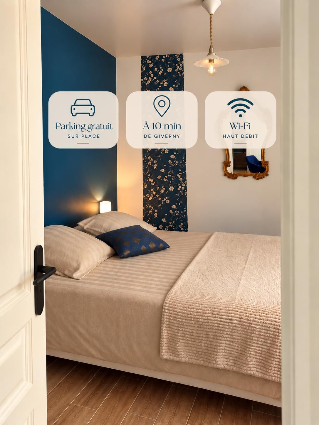 A bedroom with a bed, pillows, a nightstand, a wall-mounted lamp, a decorative mirror, and a wall with icons indicating parking, a location marker, and Wi-Fi availability.