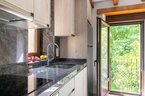 A kitchen with a sink, a window with a view of greenery, and a door leading to a balcony. - Tranquillity by Fidalsa (Cabezon de Liebana)