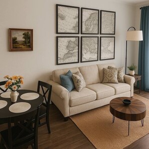 A living room with a beige sofa, a round coffee table, a dining table with placemats, a framed map on the wall, and a floor lamp. - 2-bedroom townhome in St. Augustine (St. Augustine)