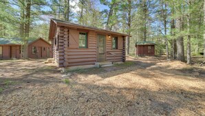 A small log cabin with a front door and windows, surrounded by trees. - Nature Lover's Getaway: Studio by Pigeon River (Vanderbilt)