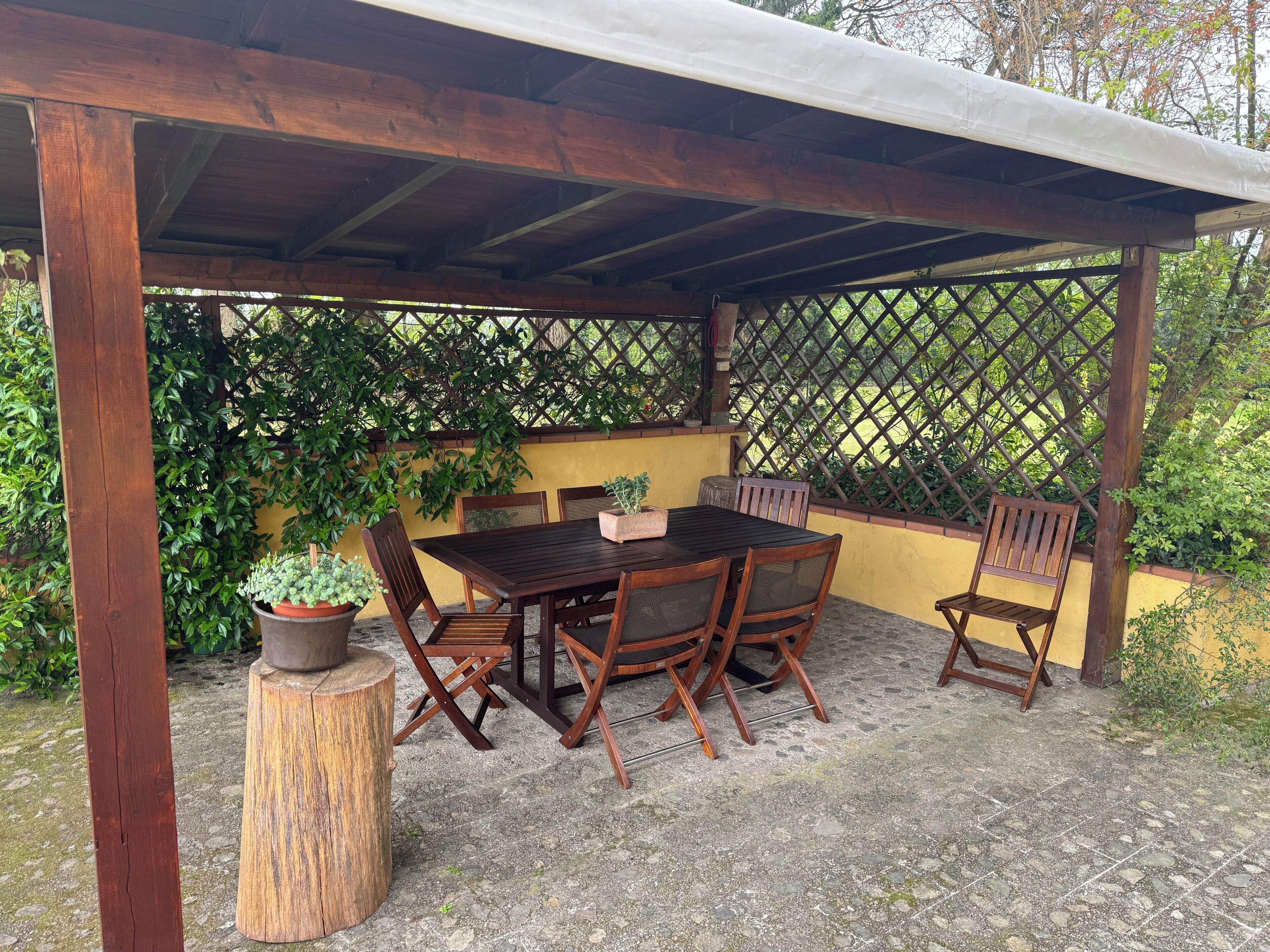 Une pergola en bois, avec une table et des chaises, entourée de verdure.