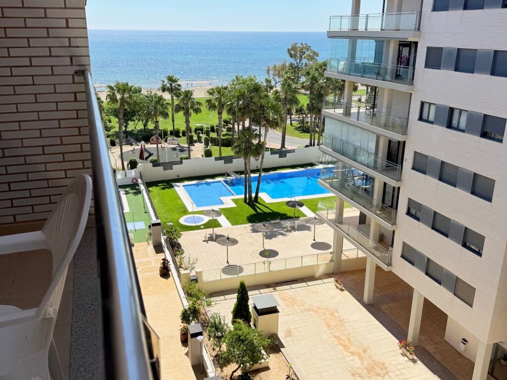 Vista de una piscina, palmeras y una playa desde un balcón.
