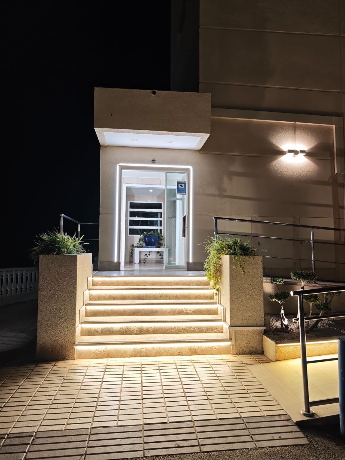 Entrada de un edificio con una escalera que lleva a una puerta, una pequeña mesa con una planta y una barandilla a la derecha.