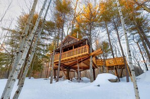 Une cabane en bois à plusieurs niveaux, entourée d’arbres et de neige.