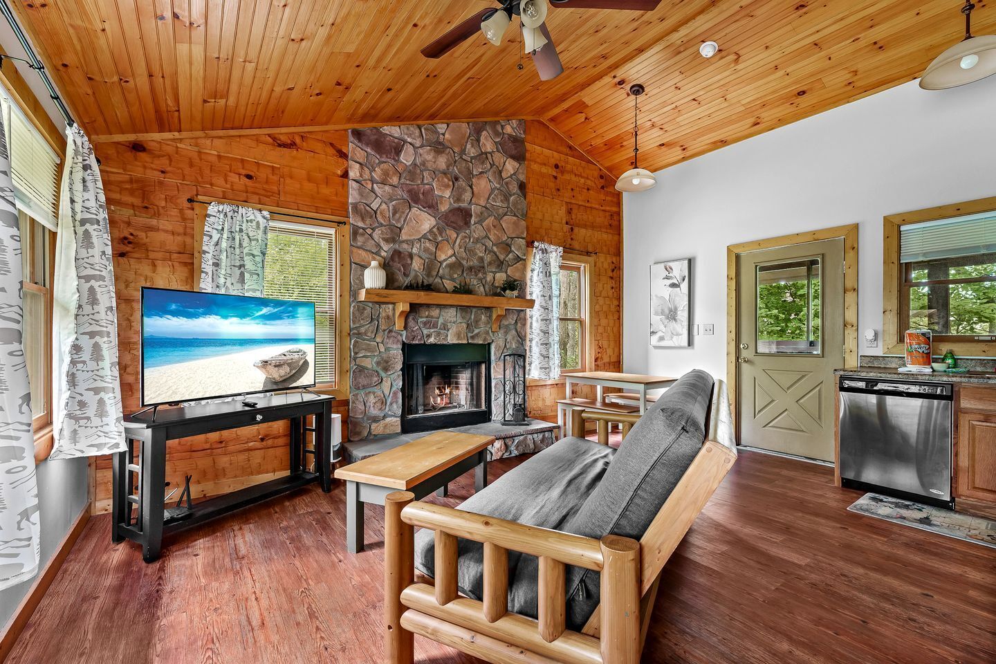 TV, fireplace