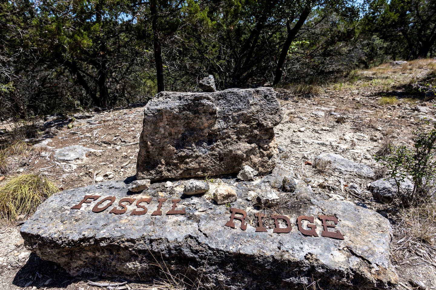 Terreno rochoso com uma grande rocha marcada como 'FOSSIL RIDGE'.