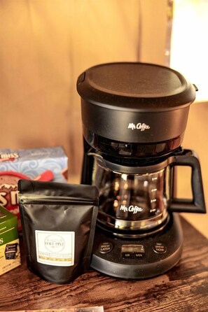 Coffee and/or coffee maker - Rustic Vineyard Glamping Tent with Wine Tastings near Lakes and Trails in Currie, Minnesota (Minneapolis)