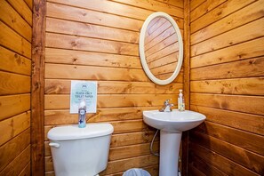 A wooden cabin bathroom with a toilet, sink, and a mirror.