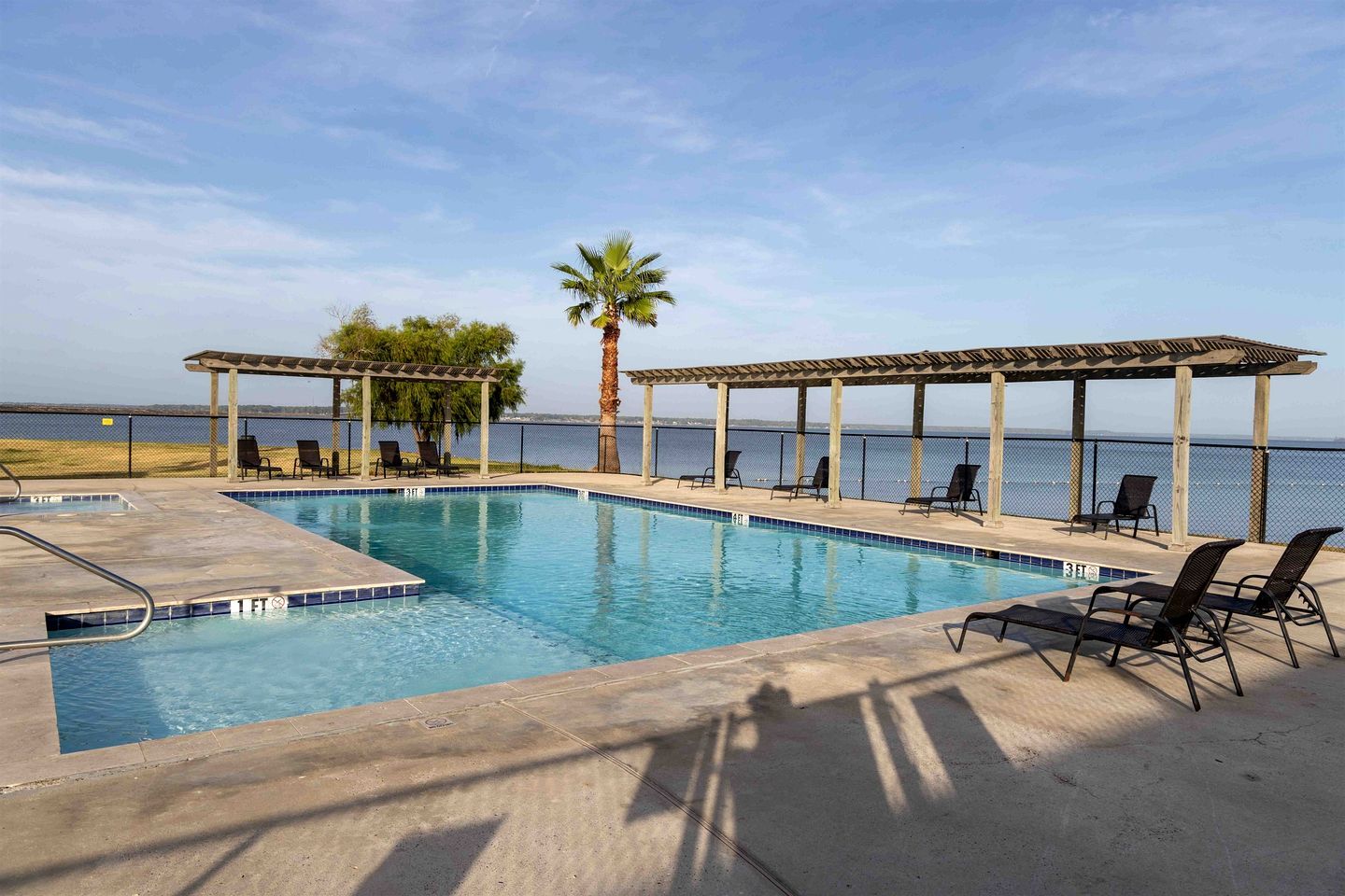 A pool with lounge chairs, a palm tree, and a view of the water.