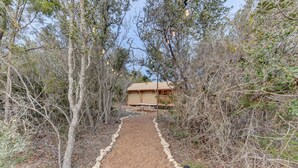 A pathway leading to a building surrounded by trees.
