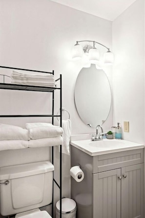 Hair dryer, towels, soap, shampoo