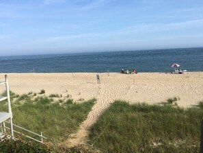 A beach with a clear sky, a sandy shore, and some people in the distance. - Cottage Rental on Chappaquiddick Island with Transferable Ferry Ticket Availability Massachusetts (Edgartown)